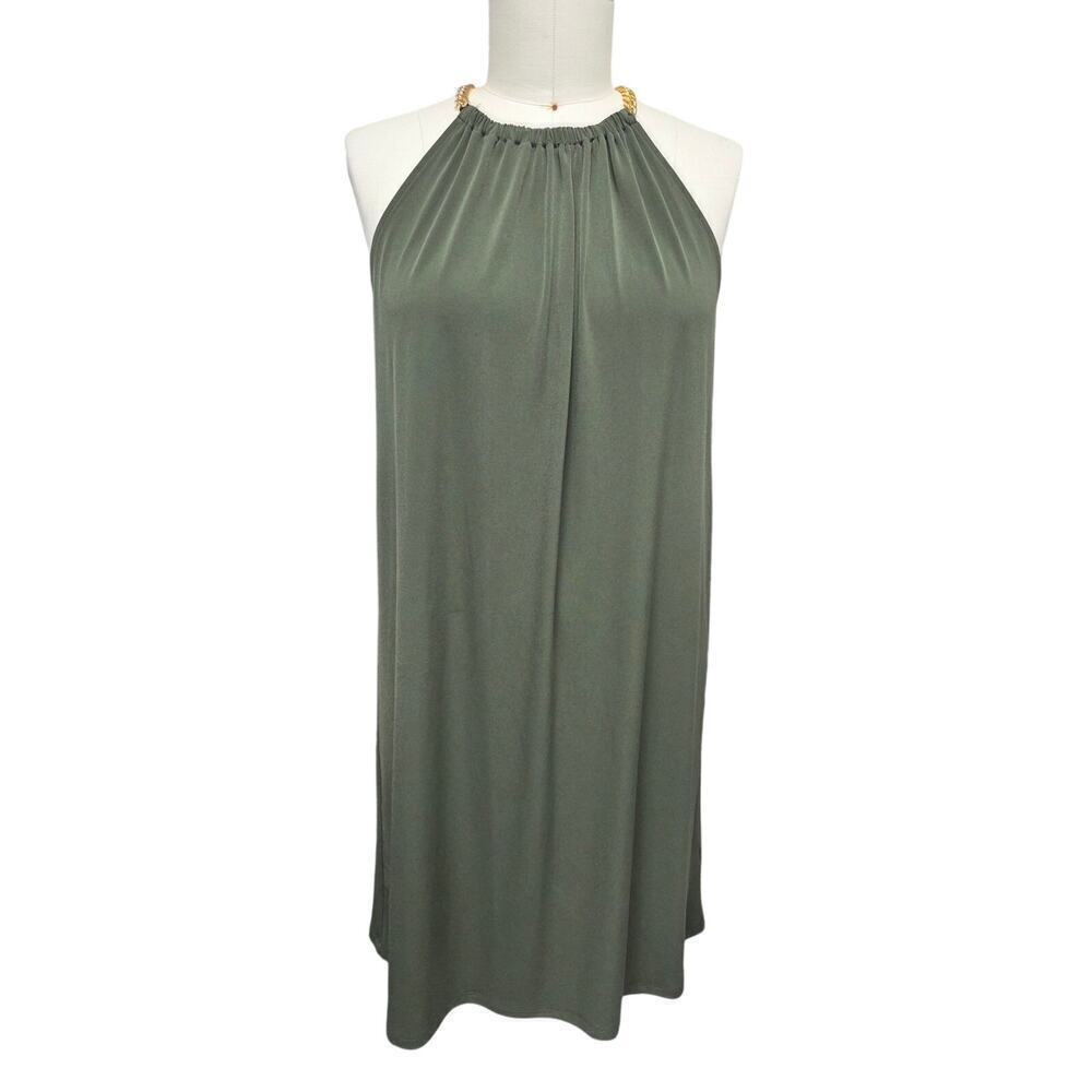 Michael by Michael Kors Olive Green Gold Chain Halter Dress XL